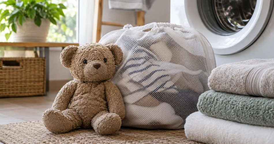 Oso de peluche junto a una bolsa de lavado y toallas