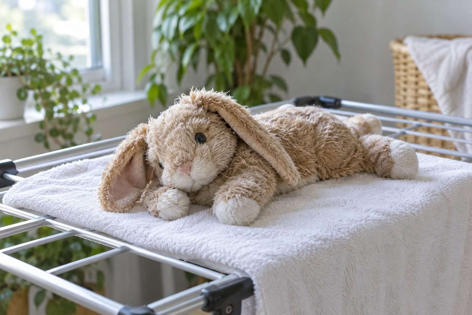 Conejo de peluche apoyado horizontalmente sobre una toalla para secarse