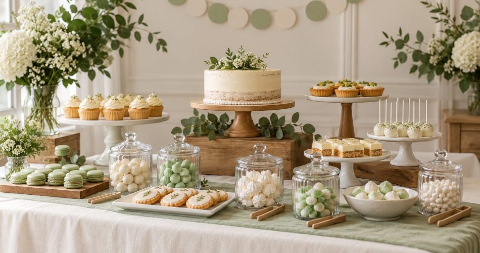Mesa dulce con mantel marfil, detalles verdes y bandejas y tarros colocados a distintas alturas.