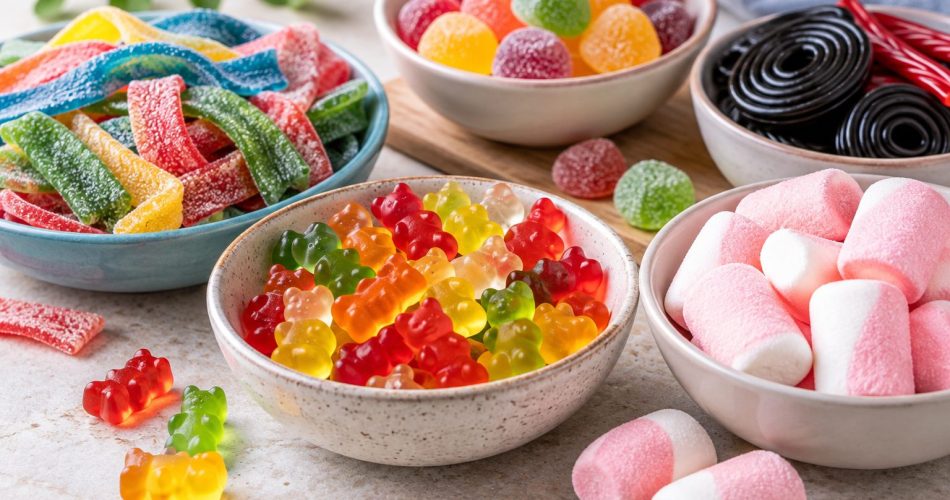 Cuencos con gominolas, cintas de colores, regaliz y nubes sobre una mesa clara.