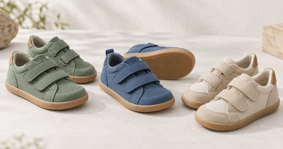 Zapatos infantiles genéricos verdes, azules y beige con puntera amplia, cierres ajustables y suelas planas.