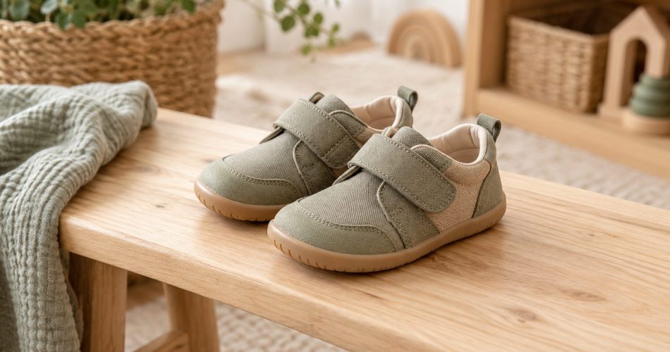 Zapatos infantiles de puntera amplia y cierre adherente sobre un banco de madera